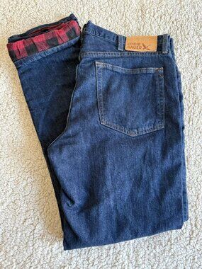 Eddie Bauer Men Straight Fit Red & Black Plaid Flannel Lined Denim Jeans 36 x 32